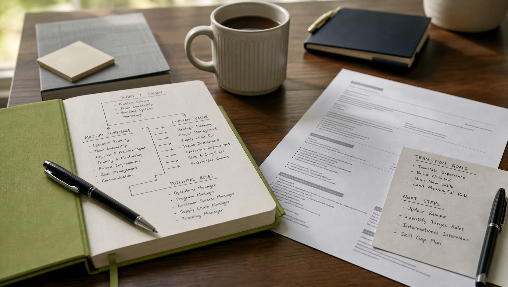 Veteran career transition planning notes on a desk